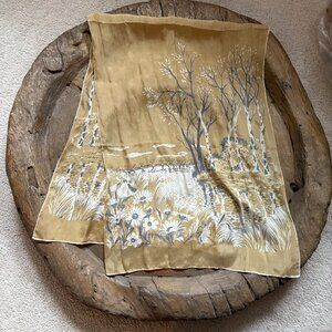Vintage rectangular silk scarf 46 x 16 inches floral woods outdoors motif
